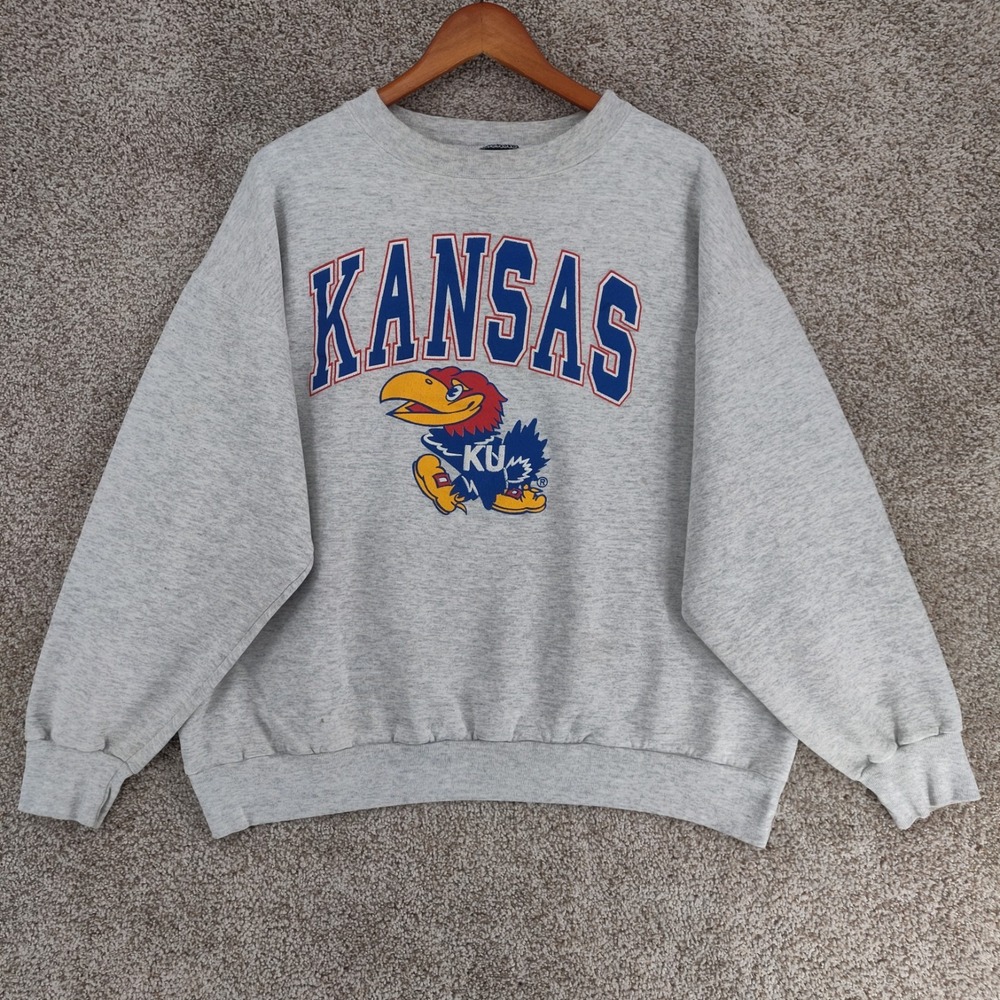 Vintage Kansas University Jayhawks Sweatshirt Mens XXL 2XL Gray Sweater USA 90's